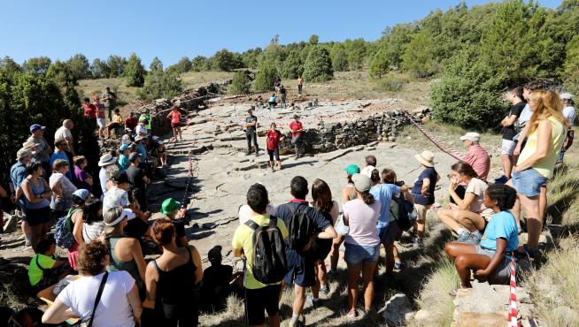 Los visitantes en el yacimiento `El Pozo´ de El Castellar junto a los paleontólogos.