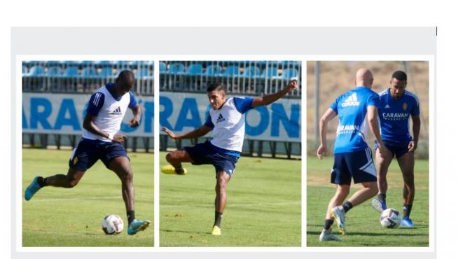 Gueye (izda.), Fuentes (centro) y Quinteros (dcha.), los tres últimos fichajes del Real Zaragoza en su primer entrenamiento esta mañana de jueves en la Ciudad Deportiva.