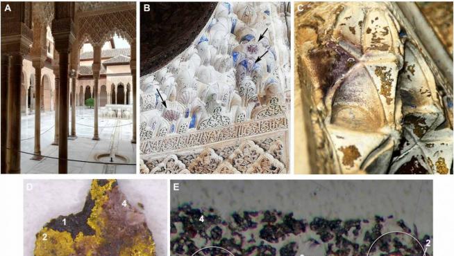 Las láminas de oro que decoran algunos palacios de la Alhambra está adquiriendo tonalidades moradas a causa de la corrosión.