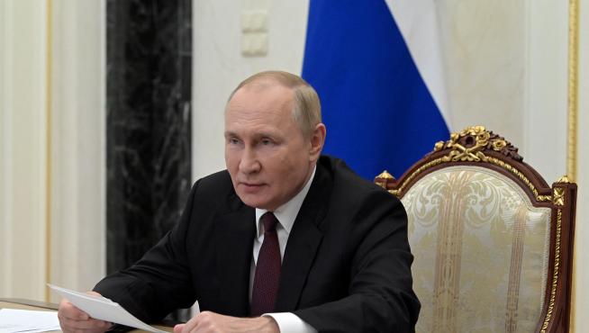 Russian President Putin addresses heads of security agencies of CIS states via video link in Moscow