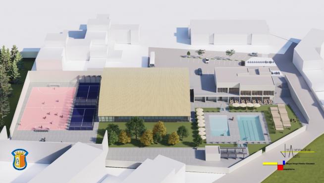 Recreación infográfica del complejo polideportivo y juvenil de Albarracín. En el centro la futura piscina climatizada y, tras las piscinas de verano, la casa de la juventud.