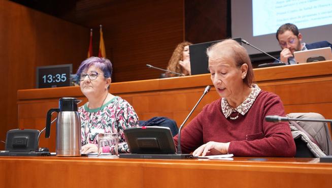 Puri Broto, presidente del barrio del Perpetuo Socorro, y Violeta Gracia, del Casco Histórico de Huesca, en su comparecencia en Las Cortes.
