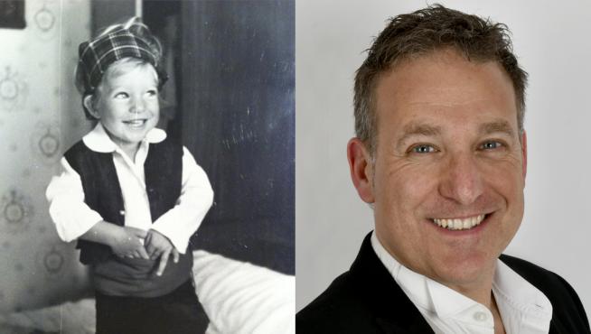 Óscar Badías Gil en una imagen de niño y en una foto actual.