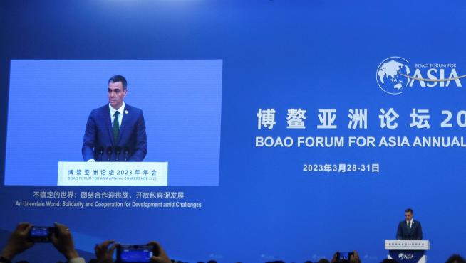 Pedro Sánchez durante su discurso en el Foro de Boao para Asia, en China.