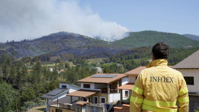 Un hombre observa el humo del fuego que afecta a la población de Pinofranqueado.