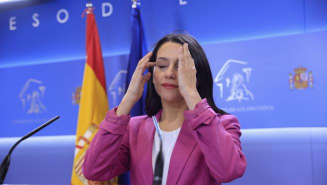 La portavoz de Ciudadanos en el Congreso, Inés Arrimadas, durante la rueda de prensa ofrecida este jueves en el Congreso para anunciar que deja la política