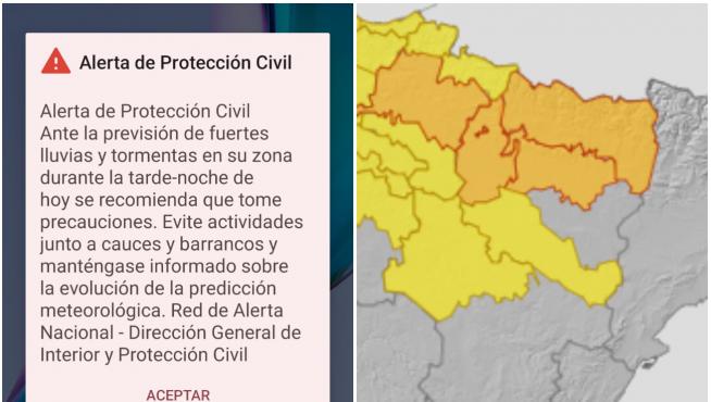 Combo de la alerta recibida en los móviles y el mapa con la previsión meteorológica de la Amete, que avisa de nivel naranja en zonas de Huesca