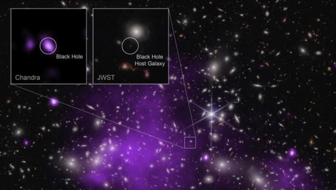 Estas imágenes muestran el cúmulo de galaxias Abell 2744 detrás del cual se encuentra UHZ1, en rayos X de Chandra y datos infrarrojos de Webb, así como primeros planos de la galaxia anfitriona del agujero negro UHZ1