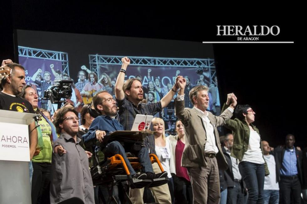 Campaña de las elecciones municipales del 24 de mayo en Zaragoza: Acto de Podemos con Pablo Echenique, Pablo Iglesias y Pedro Santisteve, en el cierre del mitin.
