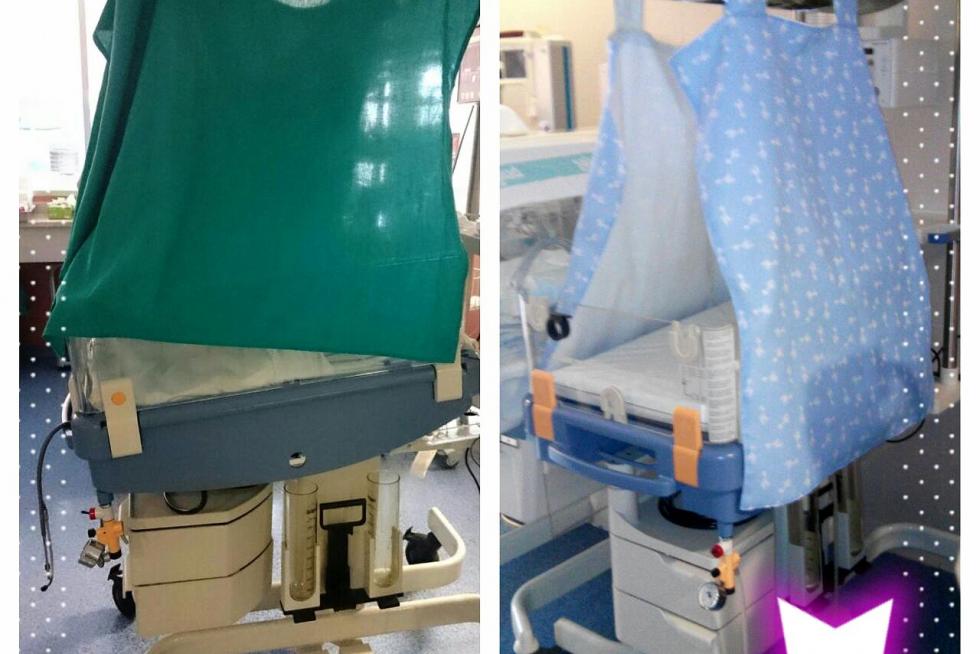 Una imagen del cambio de un paño verde de quirófano por una cortina infantil realizada artesanalmente y donada por la asociación para fototerapia.