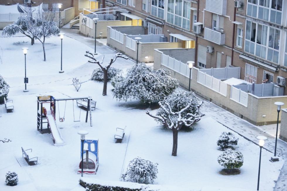 Este miércoles Zaragoza ha amanecido cubierta por una fina capa de nieve