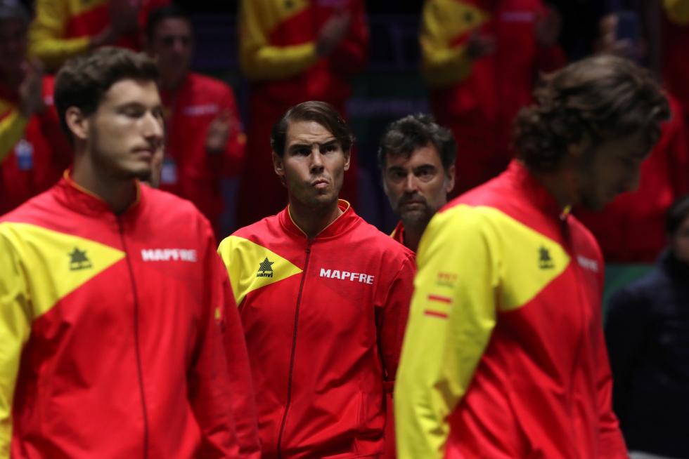 El tenista español Rafael Nadal momentos antes del inicio de la final de la Copa Davis que les enfrenta a Canadá, este domingo en la Caja Mágica de Madrid.