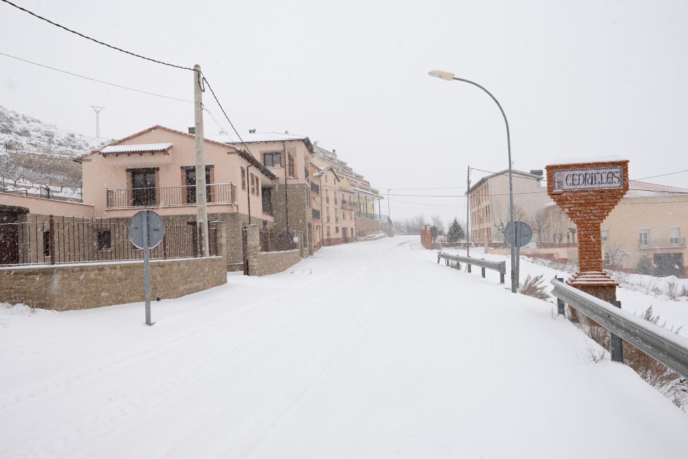 Nevadas en Cedrillas (Teruel) y carretera A-226 en el puerto de Cabigordo por la borrasca Gloria
