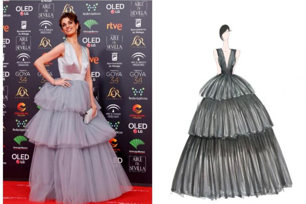 Ruth Gabriel, de Esther Noriega. A la derecha, el figurín del vestido.