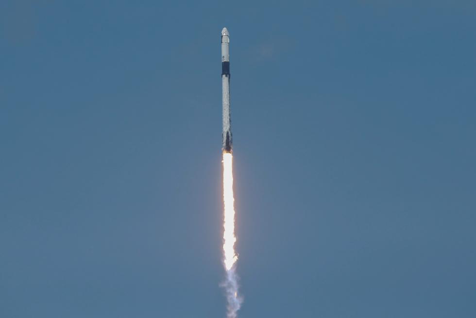 A SpaceX Falcon 9 rocket and Crew Dragon spacecraft carrying NASA astronauts Douglas Hurley and Robert Behnken lifts off during NASA's SpaceX Demo-2 mission to the International Space Station from NASA's Kennedy Space Center in Cape Canaveral