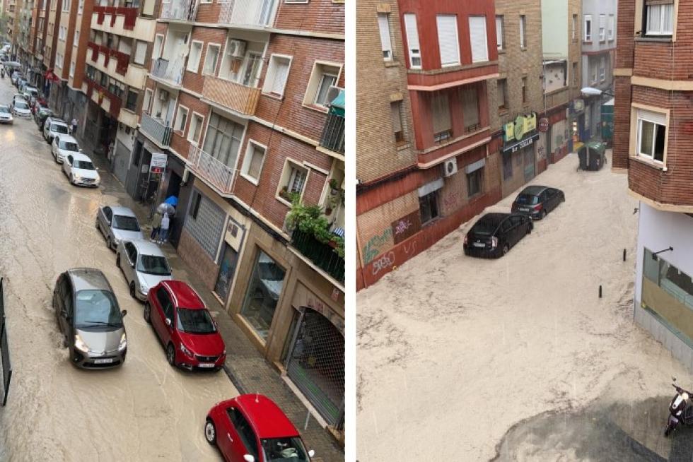 La calle Sevilla de Zaragoza, inundada después de la fuerte lluvia de este viernes