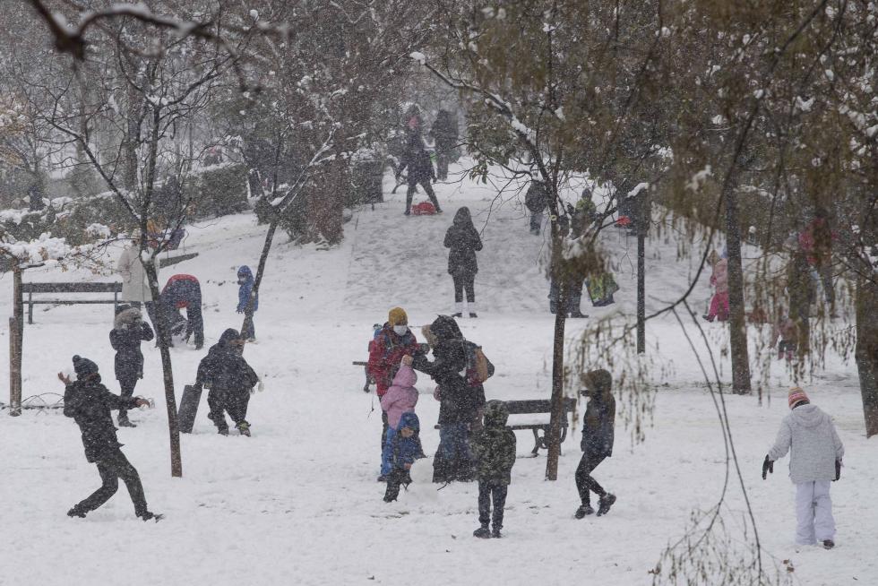 Nieve en el parque Bruil de Zaragoza