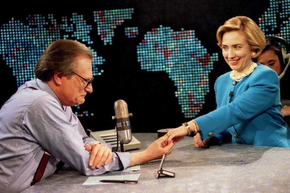 FILE PHOTO: Singer and actress Madonna (R) shares a laugh with Larry King on the set of the CNN talk show Larry PEOPLE-LARRY KING/