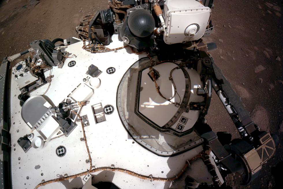 The deck of NASA’s Perseverance Mars rover is seen on Mars