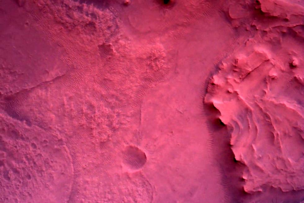The surface of Mars directly below NASA's Mars Perseverance rover is seen using the Rover Down-Look Camera