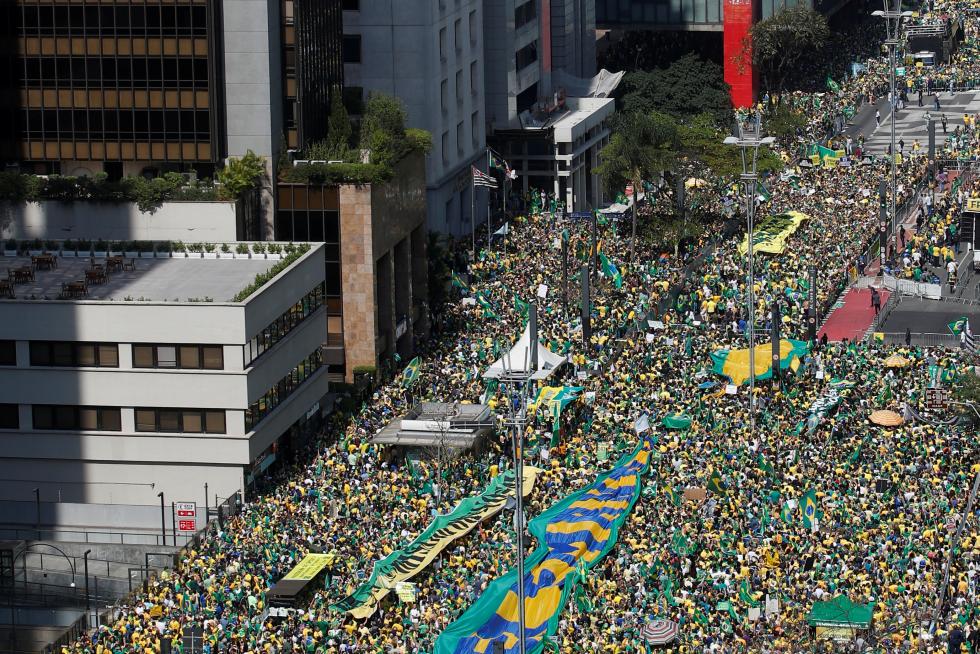 Supporters of Brazilian President Bolsonaro gather to back the far-right leader in his dispute with the Supreme Court, in Sao Paulo