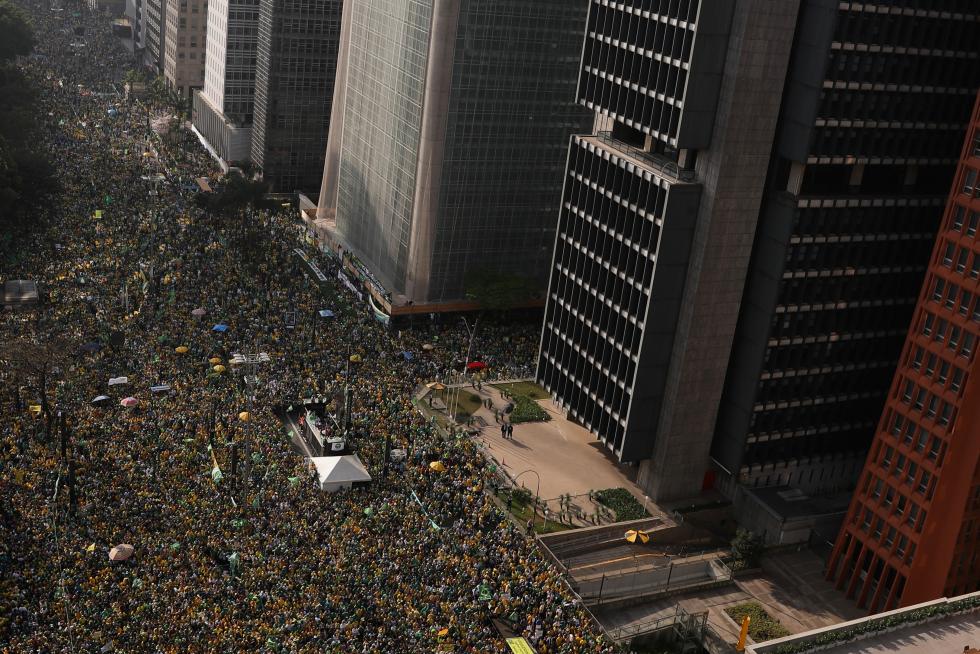 Supporters of Brazilian President Bolsonaro gather to back the far-right leader in his dispute with the Supreme Court, in Sao Paulo