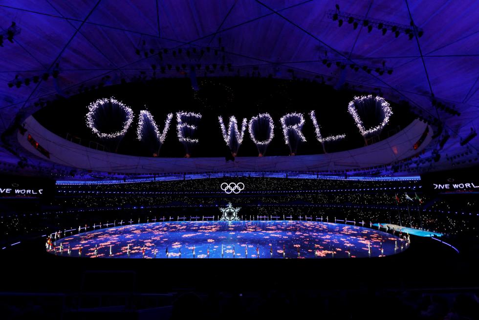 2022 Beijing Olympics - Closing Ceremony - National Stadium, Beijing, China - February 20, 2022. Performers and The Olympic Rings are seen during the closing ceremony. REUTERS/Kim Hong-Ji OLYMPICS-2022-CLOSING/