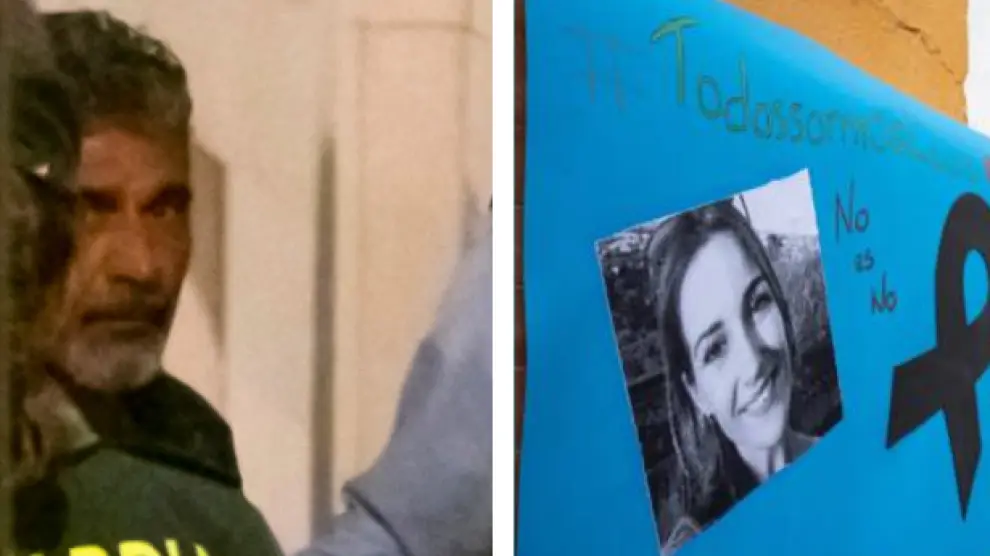 Combo de imágenes de Bernardo Montoya, custodiado por la Guardia Civil, y de un cartel en recuerdo de Laura.