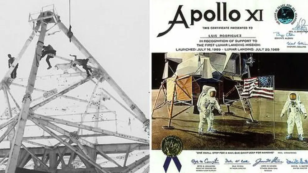 Obreros trabajando en la antena y diploma que entregó la NASA a Luis Rodríguez por su participación en la misión Apolo XI.