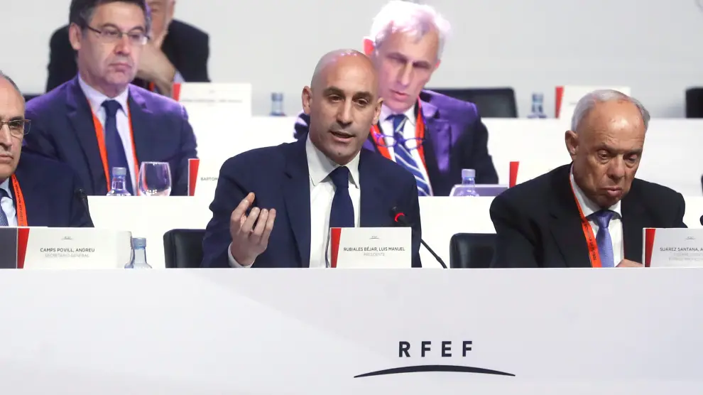 El presidente de la Real Federación Española de Fútbol (RFEF), Luis Rubiales (c), durante la Asamblea General en sesión extraordinaria de la RFEF que se ha celebrado este lunes en Madrid