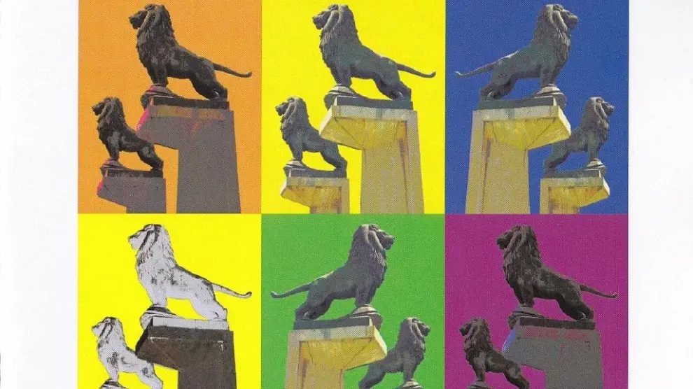 Imágenes tratadas de los leones de Francisco Rallo Lahoz en el Puente de Piedra.