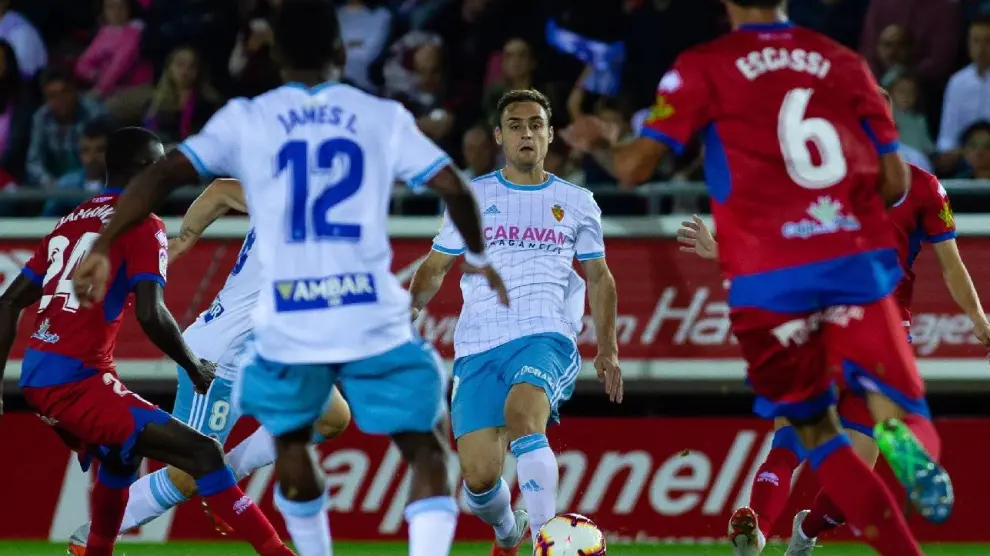 Un lance del partido Numancia-Real Zaragoza jugado en la primera vuelta en Soria, con victoria castellana por 1-0.