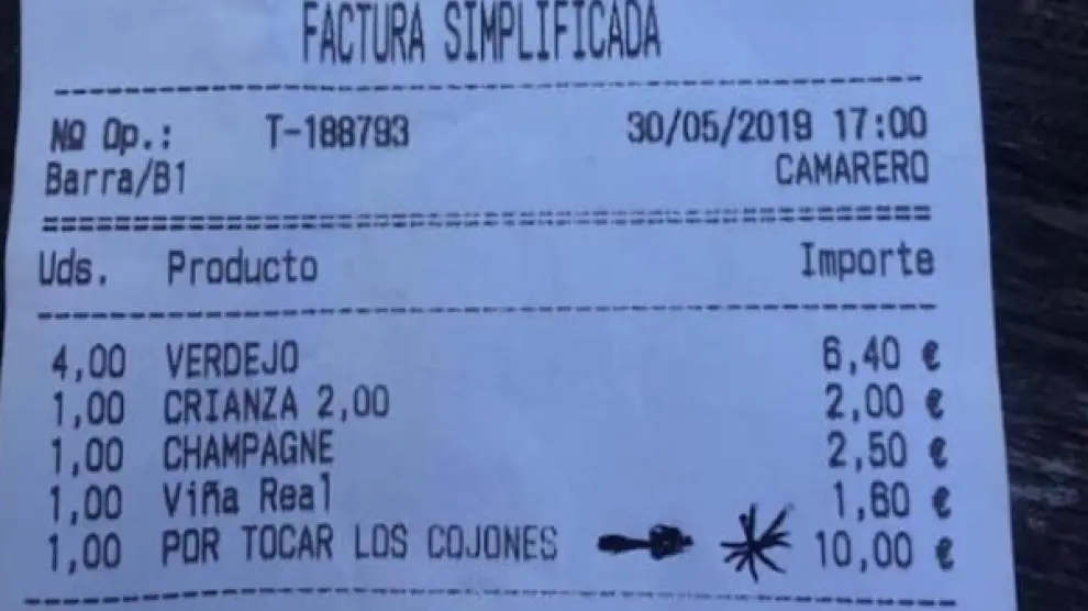 Esta sorprendente factura, emitida por un bar de Bermeo (Vizcaya), se ha vuelto viral en redes sociales.