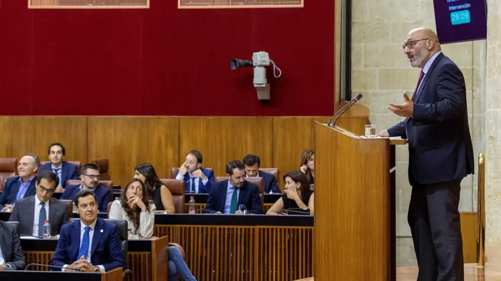 El portavoz de Vox, Alejandro Hernández, durante su intervención en el Parlamento de Andalucía.