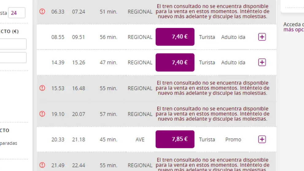 Trenes regionales entre Zaragoza y Huesca cancelados este lunes por la huelga.