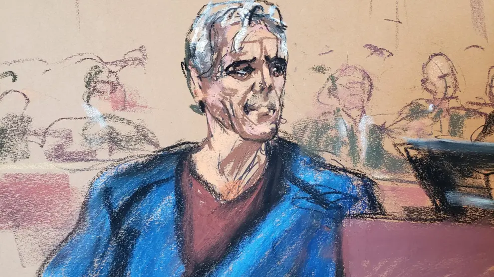 Dibujo de Jefrey Epstein realizado este lunes en el tribunal de Nueva York.