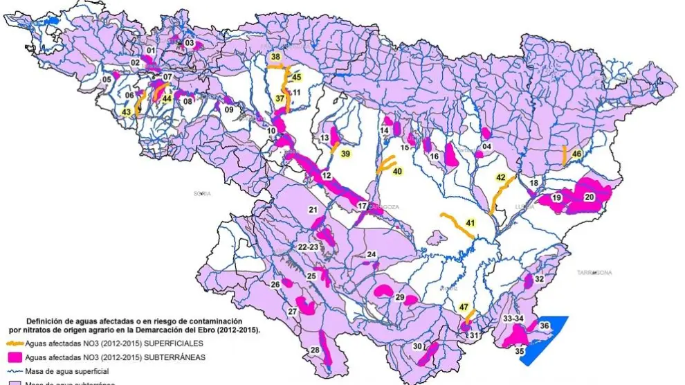 Aguas contaminadas o en peligro de contaminarse por nitratos en la cuenca del Ebro.