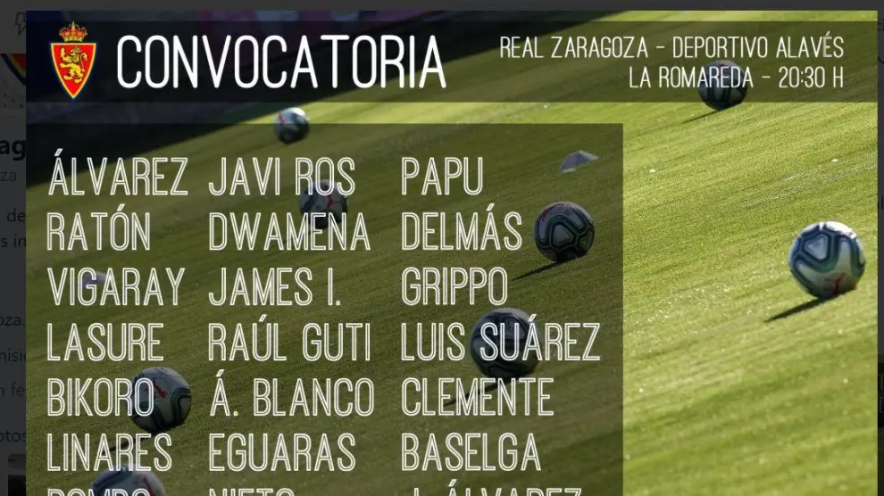 Lista de convocados del Real Zaragoza para el partido de presentación ante el Alavés de este miércoles en La Romareda (20.30), en Trofeo Ciudad de Zaragoza-Memorial Carlos Lapetra.