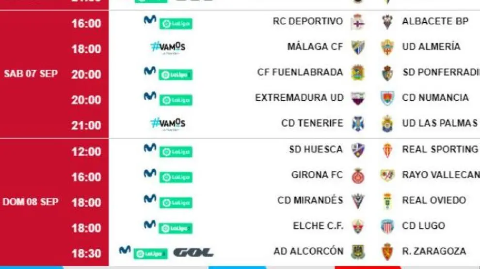 Fechas y horarios de la 4ª jornada, con el partido Alcorcón-Real Zaragoza en la tarde del domingo 8 de septiembre.