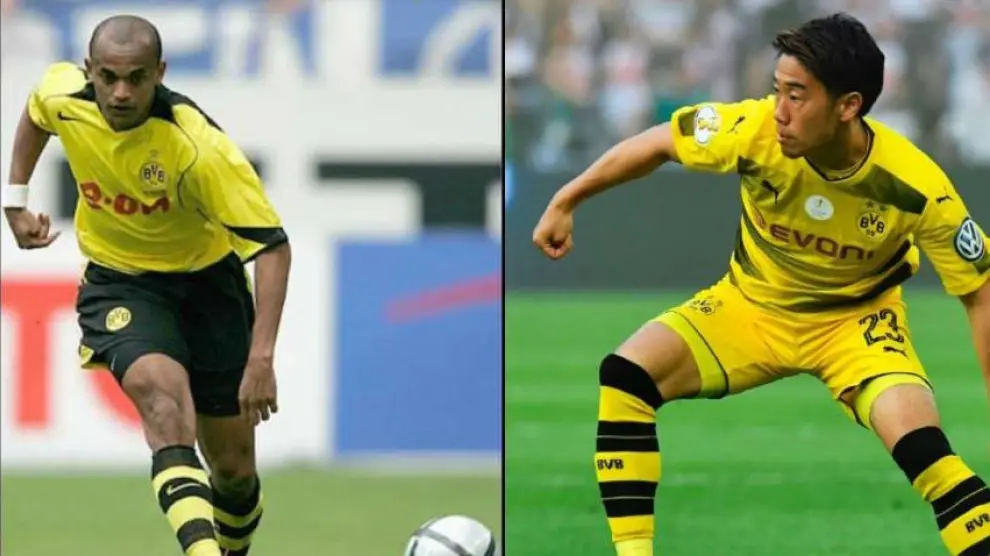 Ewerthon (izda.) y Kagawa (dcha.), ambos con el Borussia Dortmund alemán antes de fichar por el Real Zaragoza, uno en 2005 y el otro en 2019.