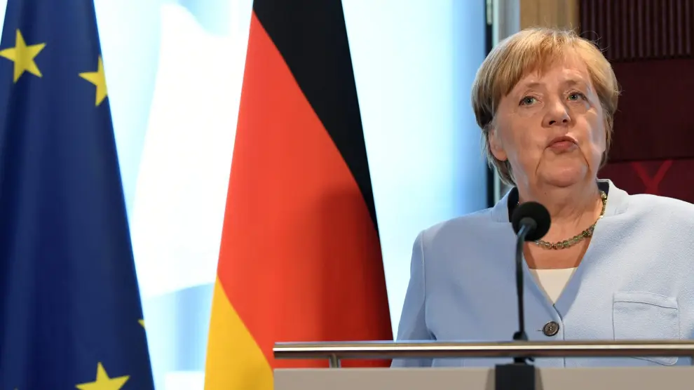 German Chancellor Angela Merkel attends a joint news conference with Dutch Prime Minister Mark Rutte in The Hague, Netherlands, August 22, 2019. REUTERS/Piroschka van de Wouw [[[REUTERS VOCENTO]]] CLIMATECHANGE-NETHERLANDS/GERMANY