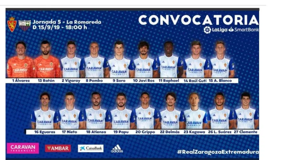 Lista de 18 convocados del Real Zaragoza para el partido ante el Extremadura en La Romareda, este domingo a las 18.00.