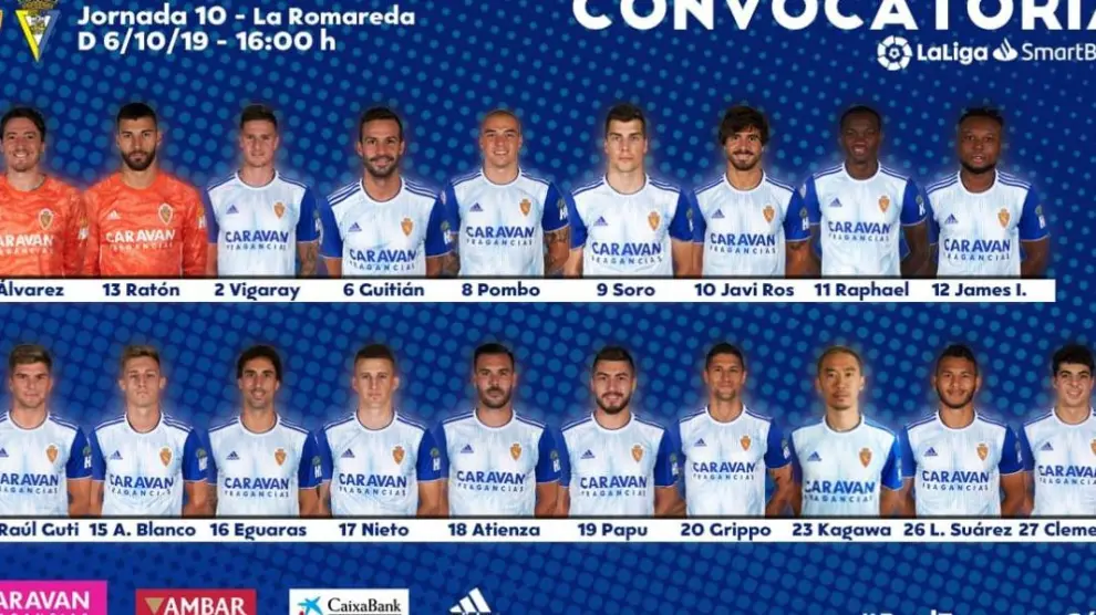 Lista de 19 convocados del Real Zaragoza para jugar este domingo ante el Cádiz en La Romareda.