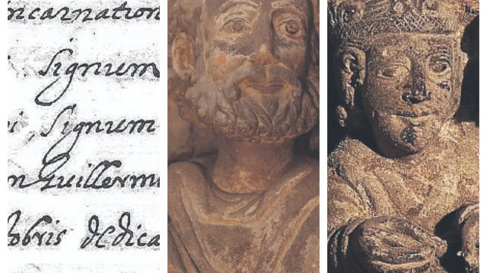 Detalle del manuscrito de Espés y tres detalles del ábside románico de la Seo.