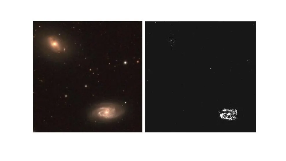 Dos galaxias muy diferentes en nuestro vecindario cósmico. Estas dos imágenes retratan el mismo par de galaxias desde el telescopio Jast de Javalambre. En la primera vemos las dos en el espectro visible. La segunda ha sido obtenida a partir del filtro J0660, que solo permite ver las zonas de las galaxias que están formando estrellas. No es el caso de la de arriba, que ‘desaparece’.
