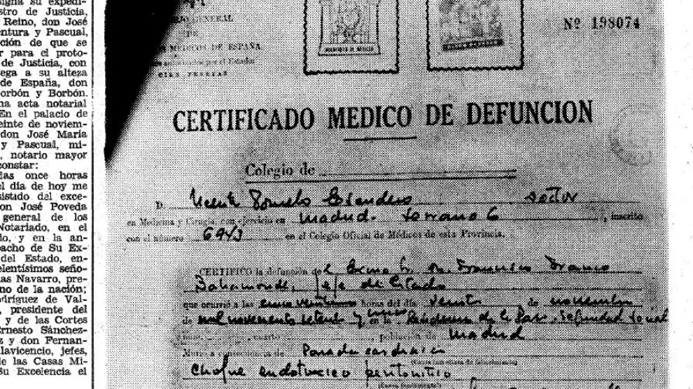 Recorte del acta que certificó la muerte de Francisco Franco.