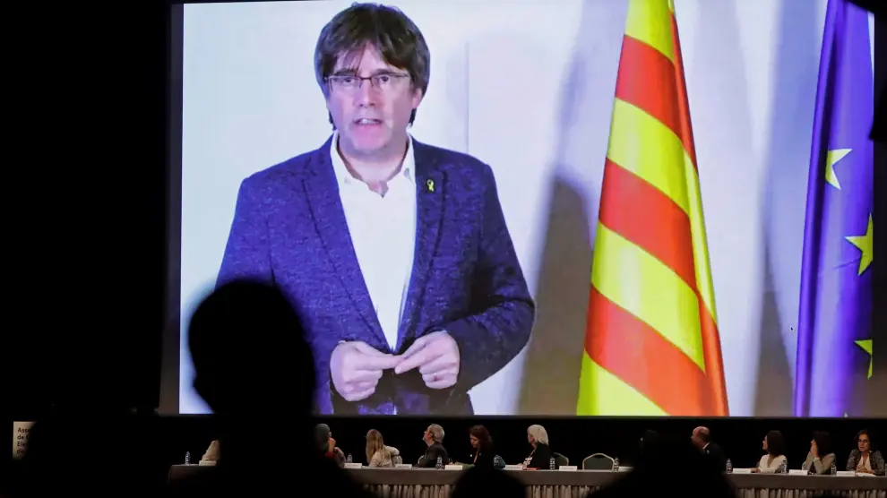 Puigdemont, durante su intervención por videoconferencia desde Bélgica.