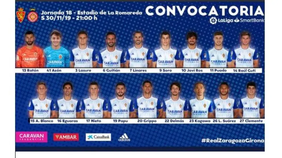 Los 18 convocados del Real Zaragoza para el partido de este sábado ante el Girona en La Romareda.