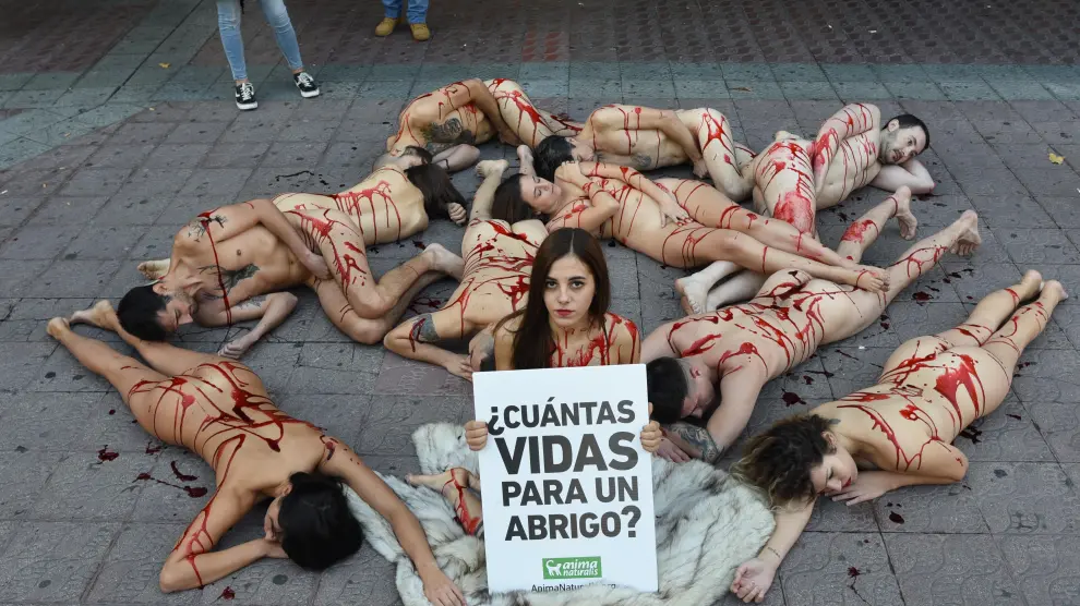 Desnudos en Zaragoza contra la industria peletera