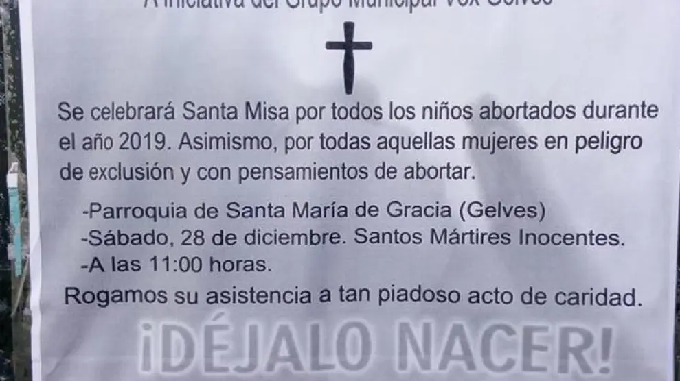 Vox convoca a una misa en Gelves (Sevilla) por "niños abortados" y mujeres que piensan abortar.
